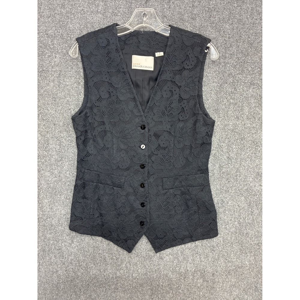 Dana Buchman Black Floral Lace Button Front Vest Top Size 8 New With Tags